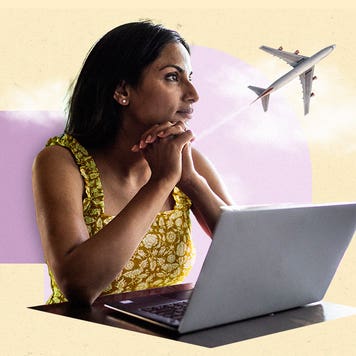 design element of a woman with hands resting on chin on a laptop and an airplane in the right corner