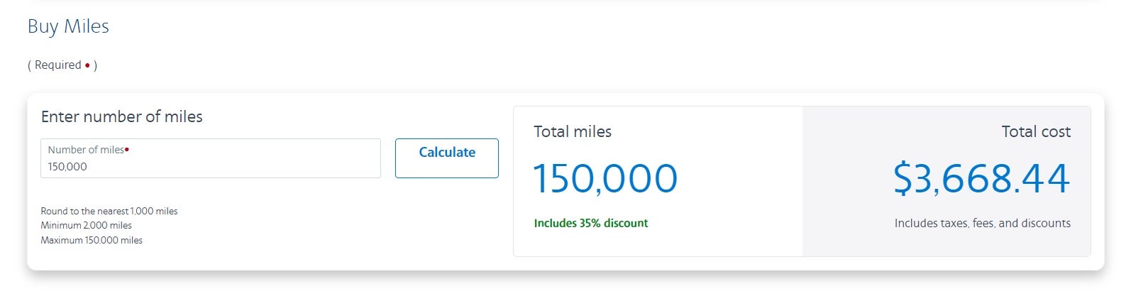 screenshot of total miles purchased