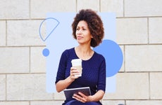 design element a woman holding a cup of coffee and a tablet
