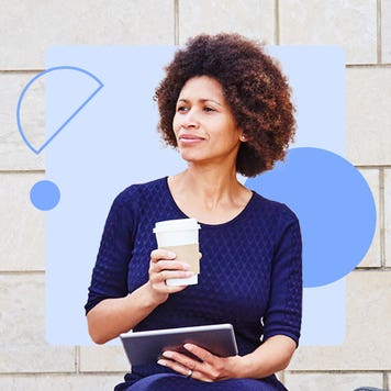design element a woman holding a cup of coffee and a tablet