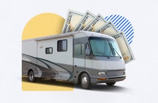 An illustrated image of an RV with money in the background