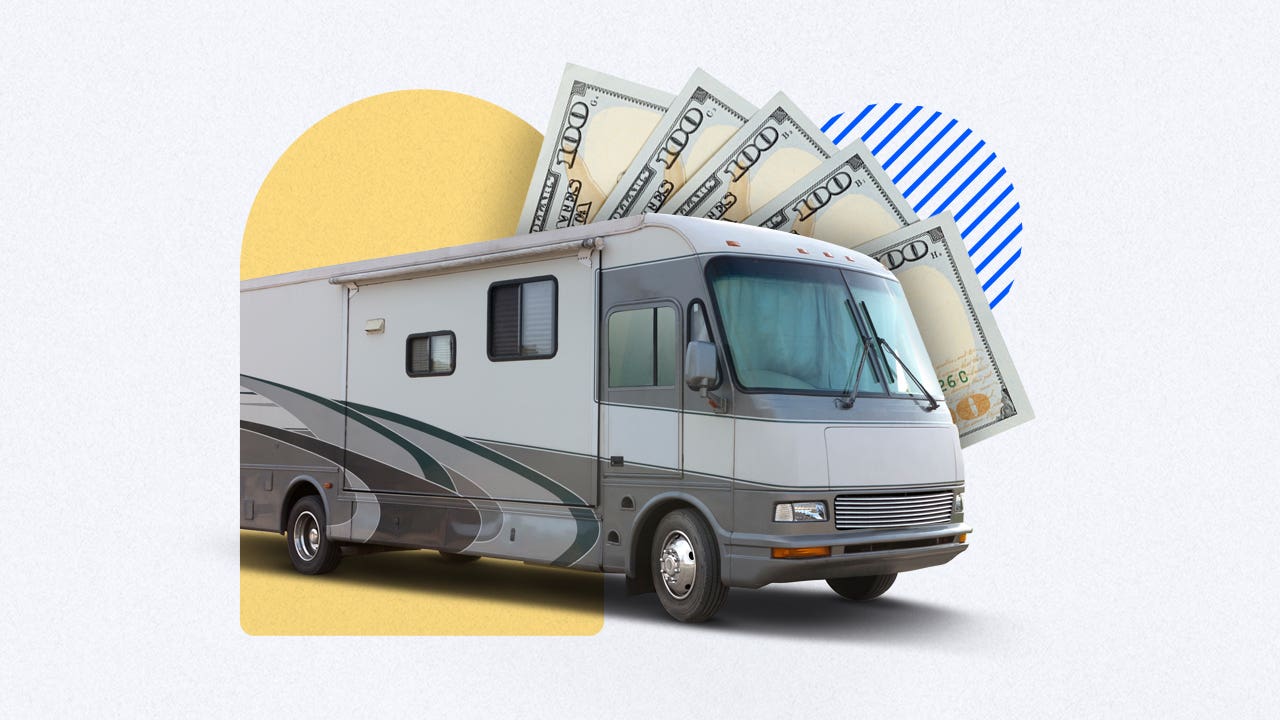 An illustrated image of an RV with money in the background