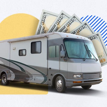 An illustrated image of an RV with money in the background
