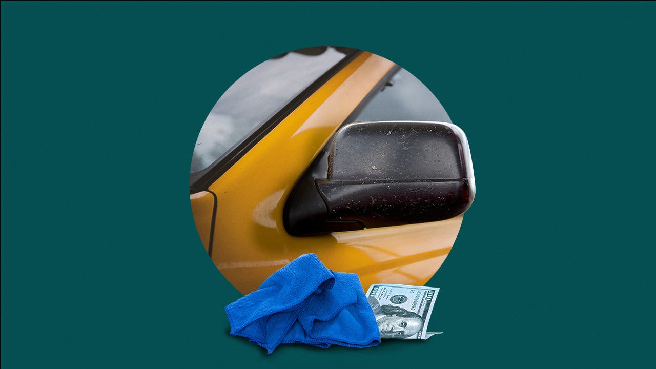 Illustrated image of a side-view mirror of a yellow car with washcloth and money