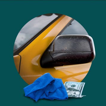 Illustrated image of a side-view mirror of a yellow car with washcloth and money