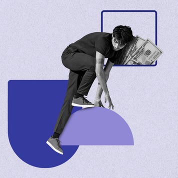 Abstract art of a young man on unstable financial blocks