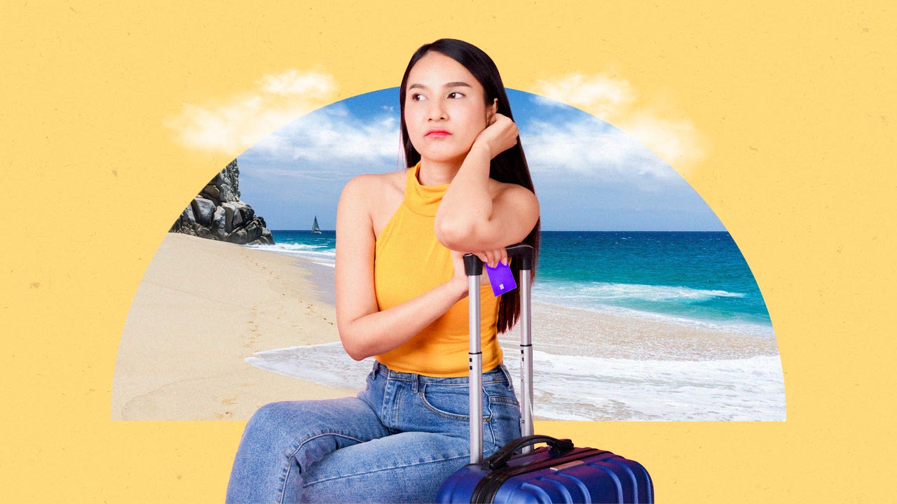 design element a young woman sitting with her arm resting on her luggage handle with a beach in the background