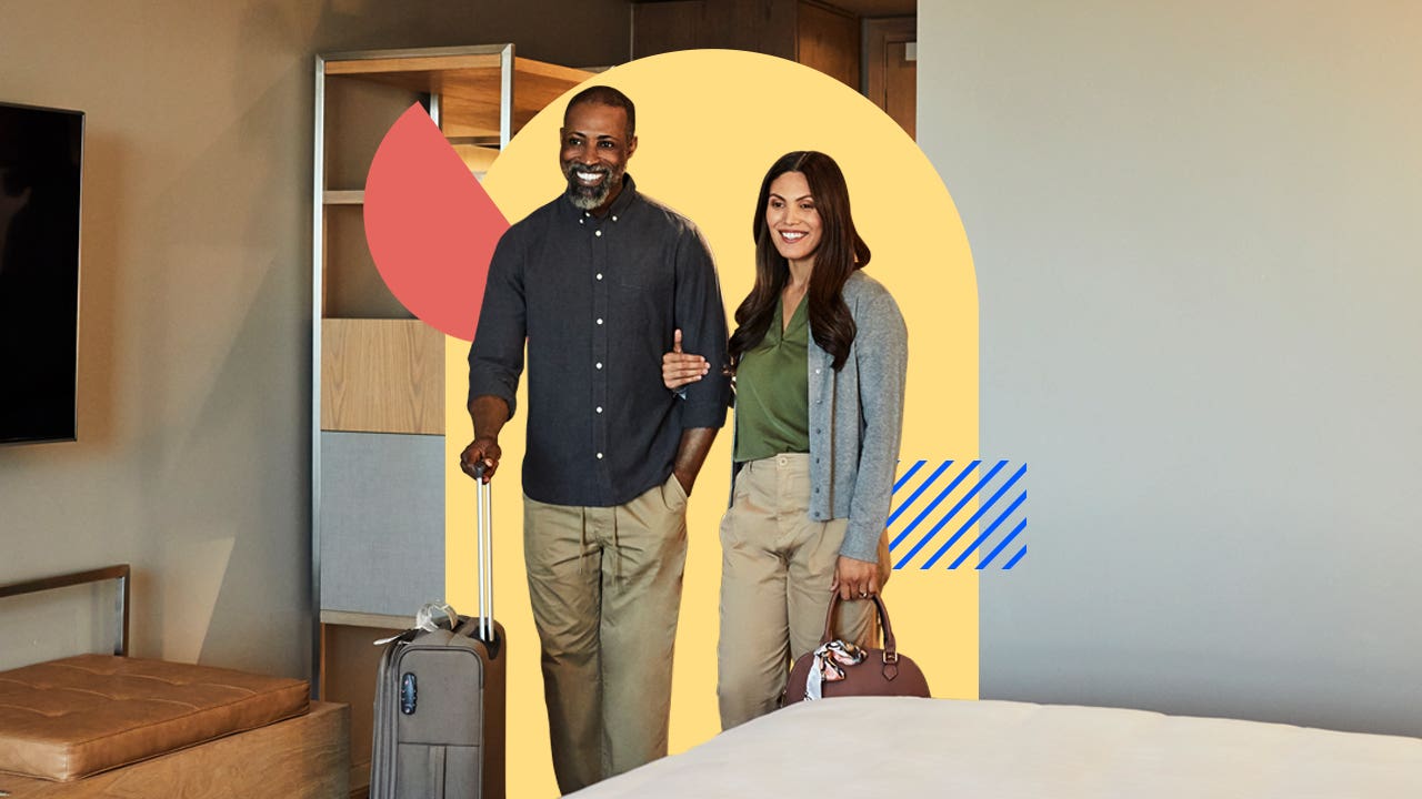 design illustration of a couple walking into a room with luggage