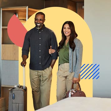 design illustration of a couple walking into a room with luggage