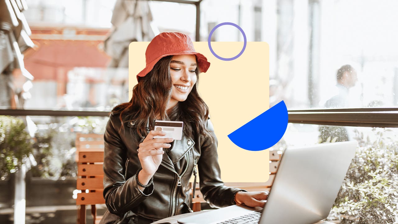 design element featuring a women wearing a bucket hat and on her laptop holding a credit card