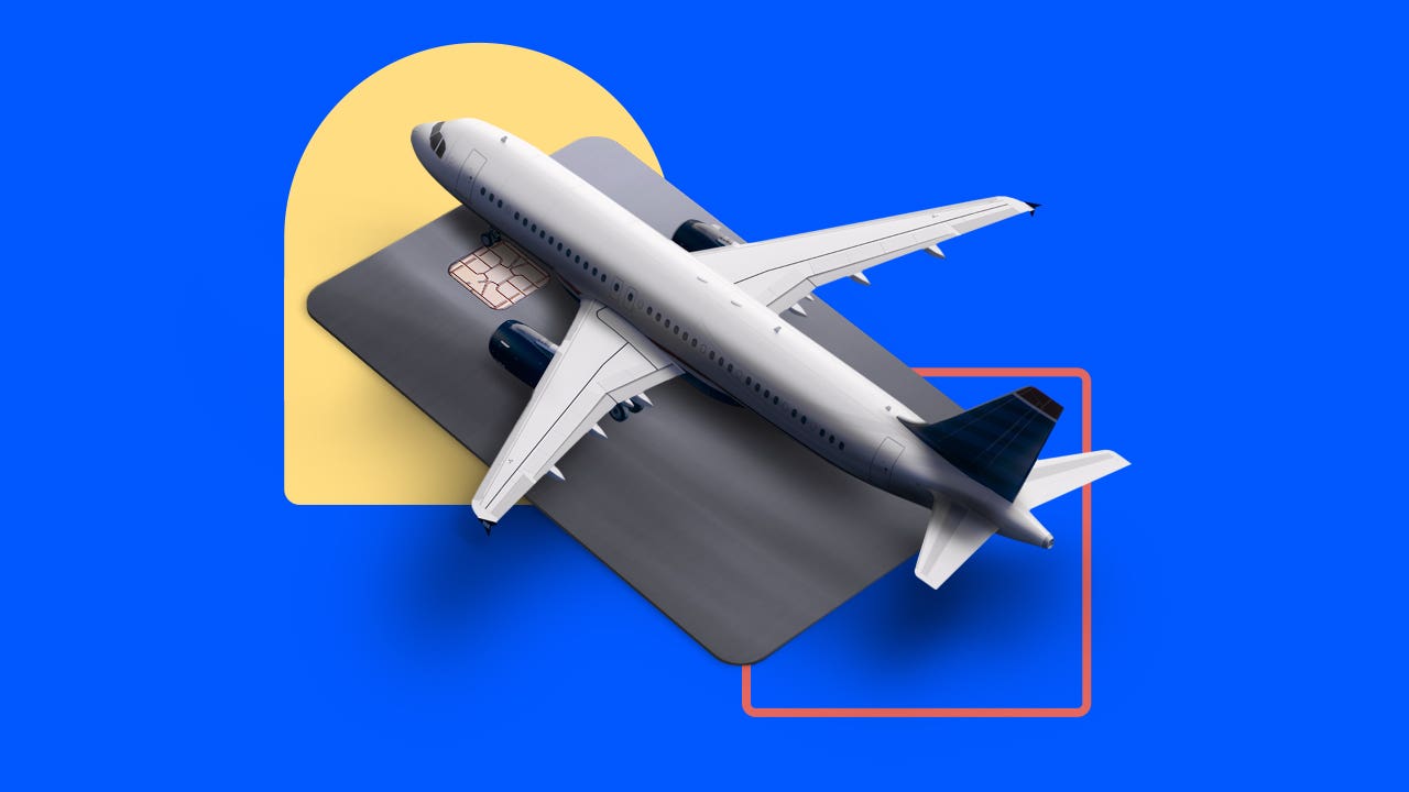 design element including an airplane stacked on top of a credit card