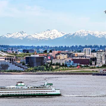 A view across the Puget Sound toward Seattle, the Space Needle, and Cascade mountatins, Washington State.