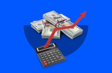 Illustration of calculator and stacks of cash