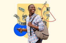 Young college student with backpack and illustrations of cash