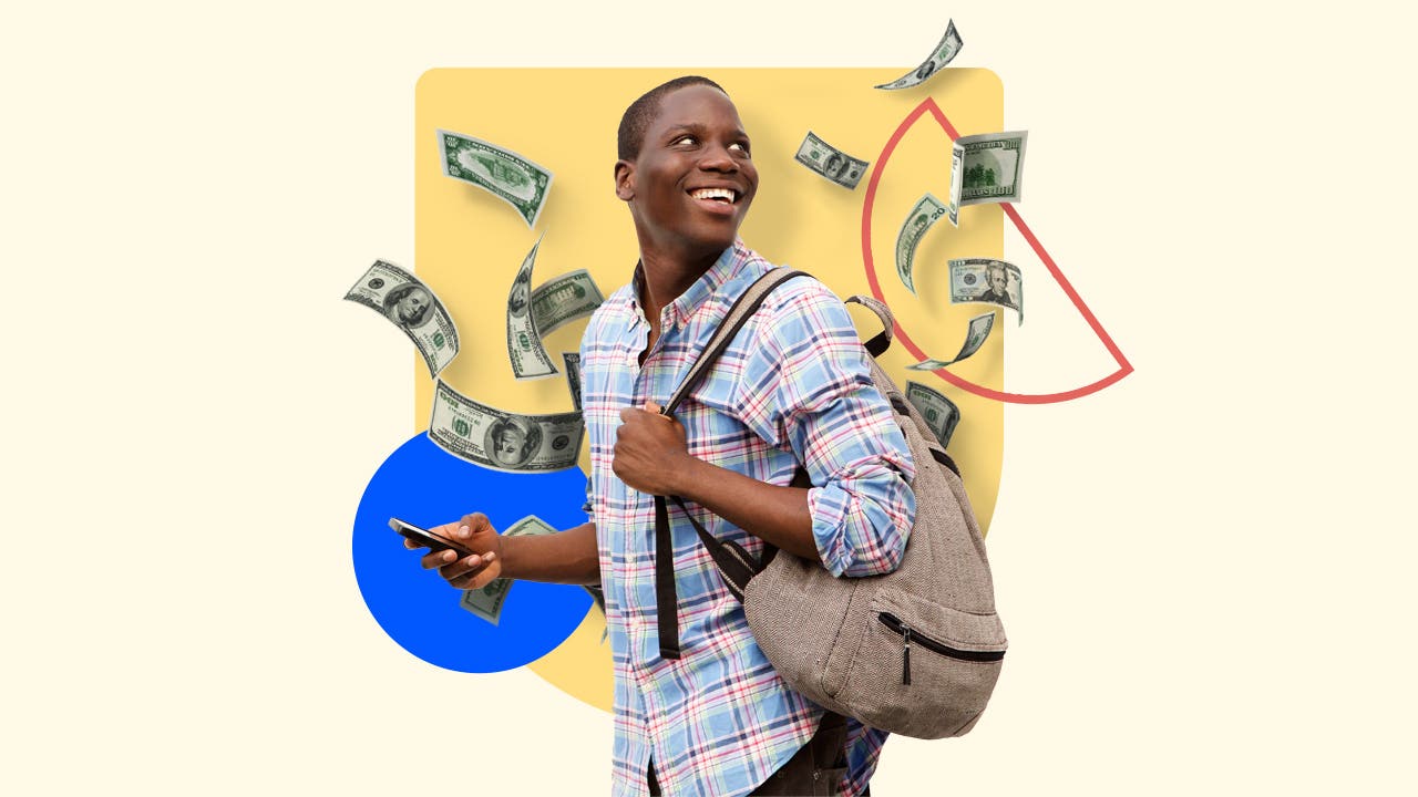 Young college student with backpack and illustrations of cash