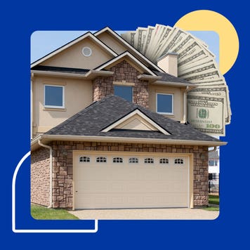 Illustrated collage including a house with money behind it