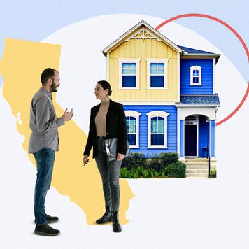 Image collage featuring illustrations, a house, and two people chatting