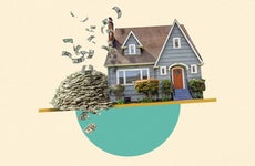 Illustrated collage featuring a house with a large pile of money beside it