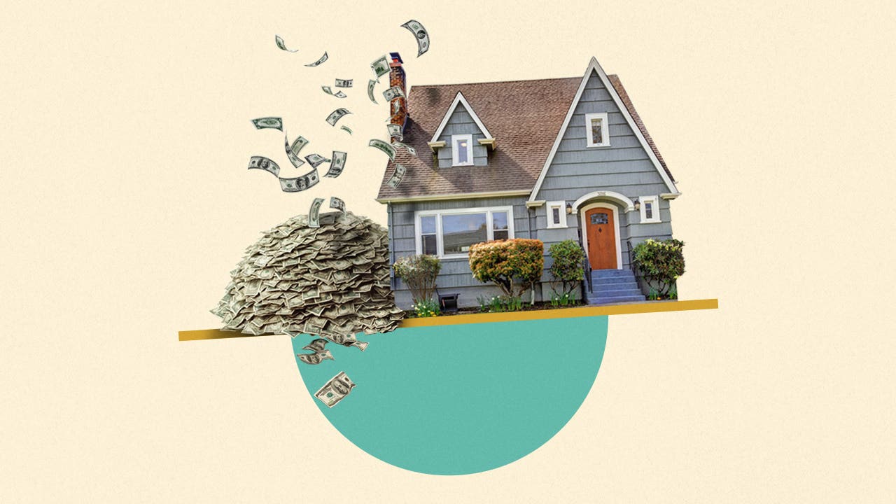Illustrated collage featuring a house with a large pile of money beside it
