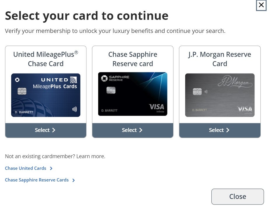 screenshot of choosing a card to book travel stay