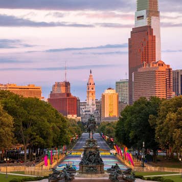 Sunset from Rocky Steps, City Hall, Fountain, Philadelphia, Pennsylvania