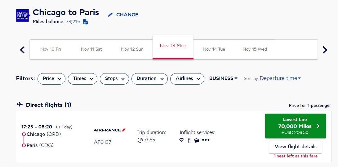 screenshot of booking direct flight chicago to paris 