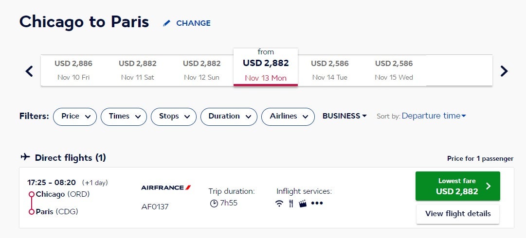 screenshot of booking direct flight chicago to paris using u.s. dollars