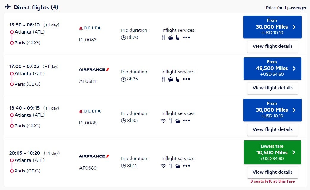 screenshot of booking direct flight atlanta to paris 
