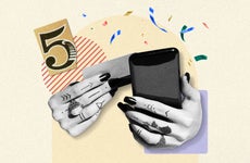 design element including some graphic drawn hands holding a cellphone and a card with a graphic number 5 to the left hand side