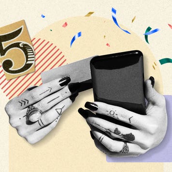 design element including some graphic drawn hands holding a cellphone and a card with a graphic number 5 to the left hand side