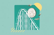 Whimsical illustration of an enlarged coin on a roller coaster ride