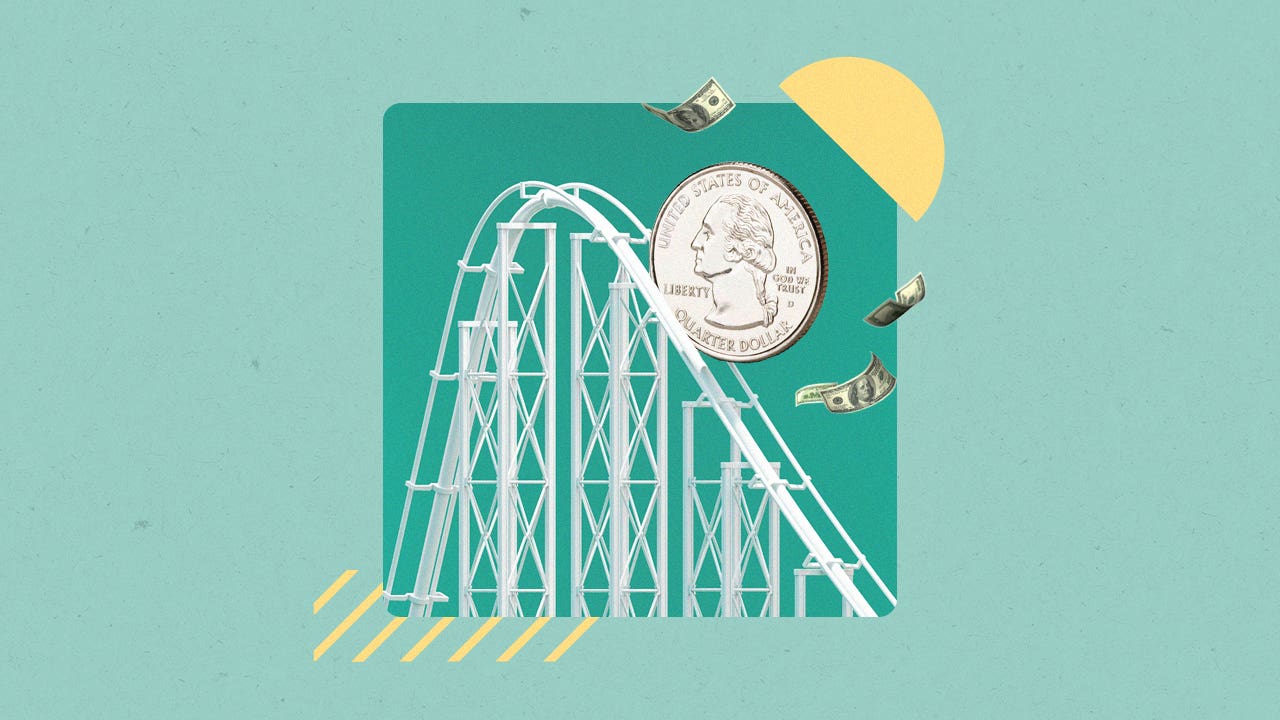 Whimsical illustration of an enlarged coin on a roller coaster ride