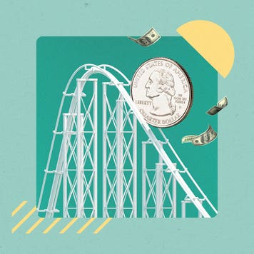 Whimsical illustration of an enlarged coin on a roller coaster ride