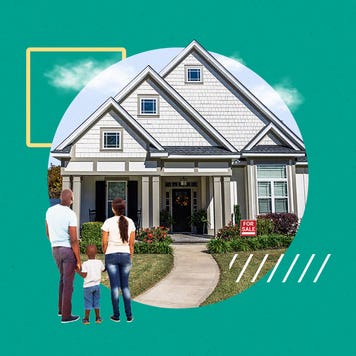 Illustrated collage of a family gazing at house