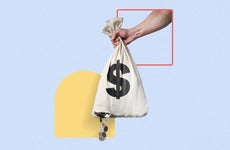 A collage of images: an arm holding a sack with a dollar sign and change falling out.