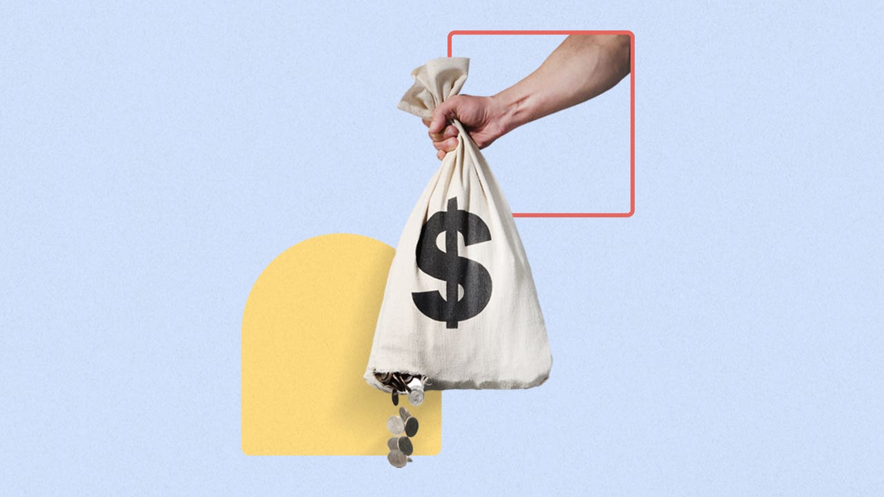 A collage of images: an arm holding a sack with a dollar sign and change falling out.