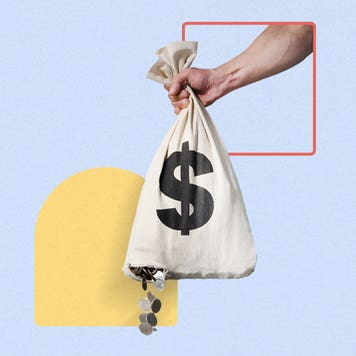 A collage of images: an arm holding a sack with a dollar sign and change falling out.