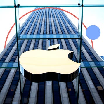 front of the apple building with illustrations of shapes