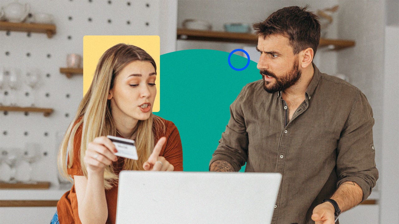 design element including a couple discussing financial matters in front of a laptop