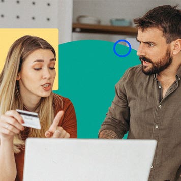 design element including a couple discussing financial matters in front of a laptop