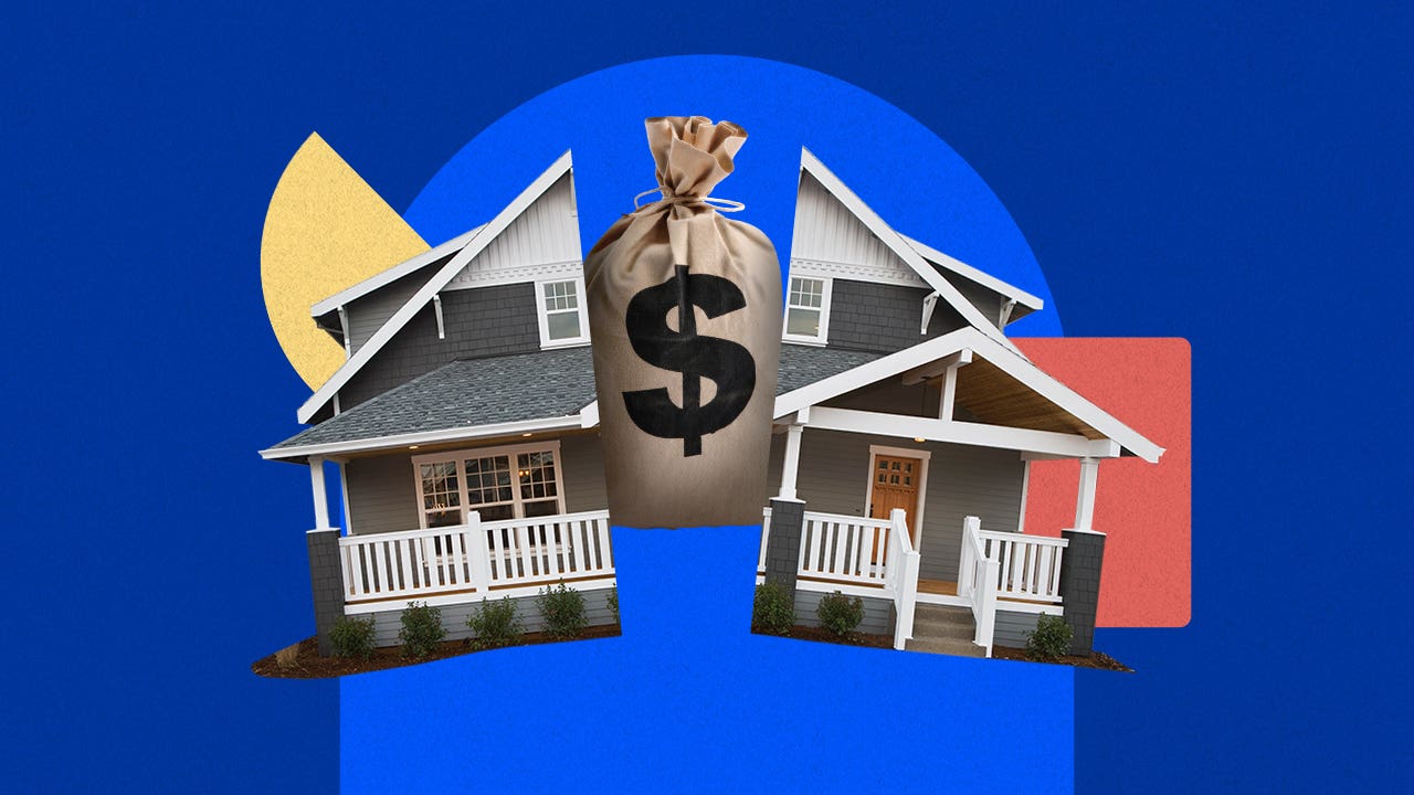 Illustrated image of a house split in half and a bag of money behind the house