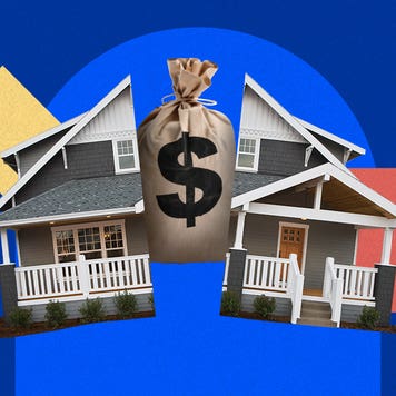 Illustrated image of a house split in half and a bag of money behind the house