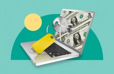 image of laptop with cash as background with key illustration
