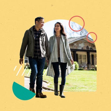 couple in front of house with shape illustrations