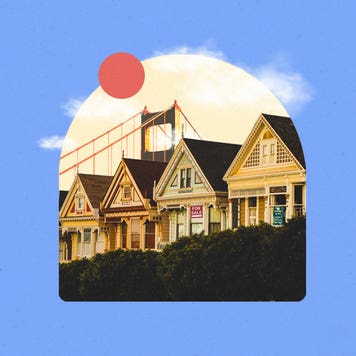 Image of row houses within illustrated clouds