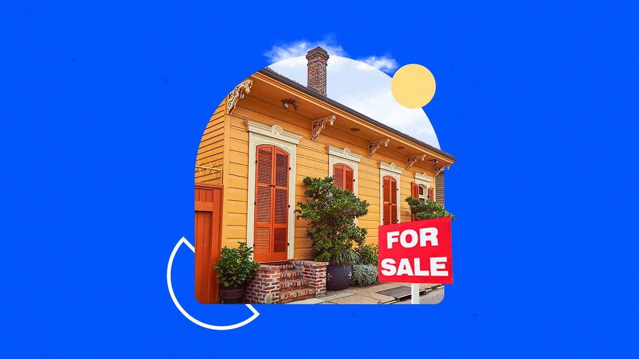 Illustrated graphic featuring an image of a residential home for sale