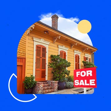 Illustrated graphic featuring an image of a residential home for sale