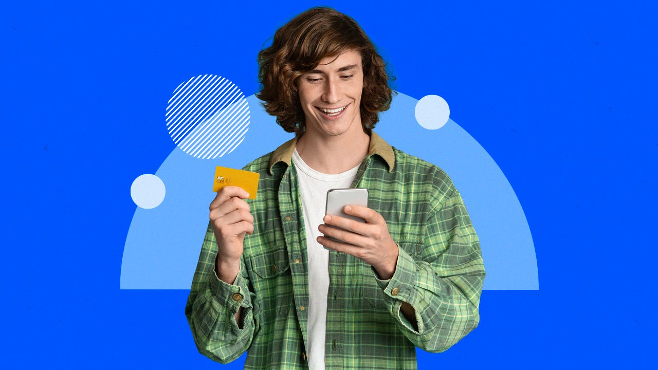 design element including a young adult smiling while holding a phone one in hand and a card in the other