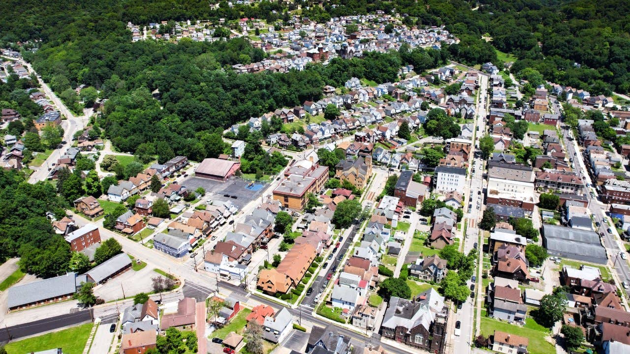 The bird's eye view of the residential area surrounded by green vegetation. Pittsburgh, Pennsylvania