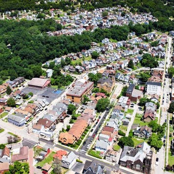 The bird's eye view of the residential area surrounded by green vegetation. Pittsburgh, Pennsylvania